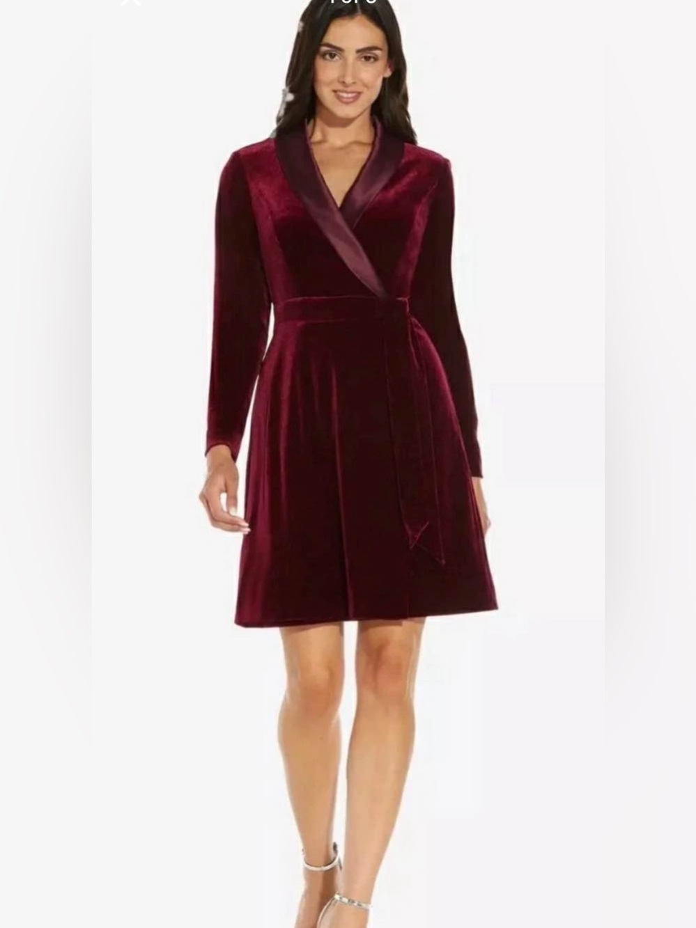 Adrianna Papell Burgundy Velvet Wrap Dress with Satin Trim
